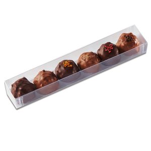 Réglette transparente garnie de 6 rochers au chocolat